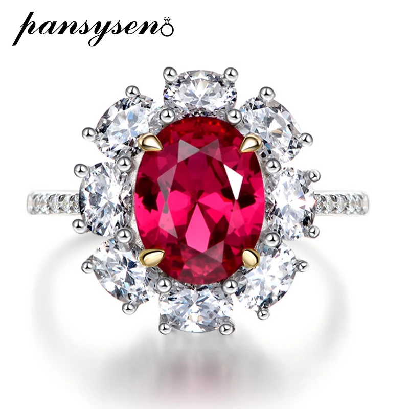 

PANSYSEN 100% 925 Sterling Silver Oval Ruby Simulated Moissanite Wedding Cocktail Party Ring White Gold Color Fine Jewelry Rings