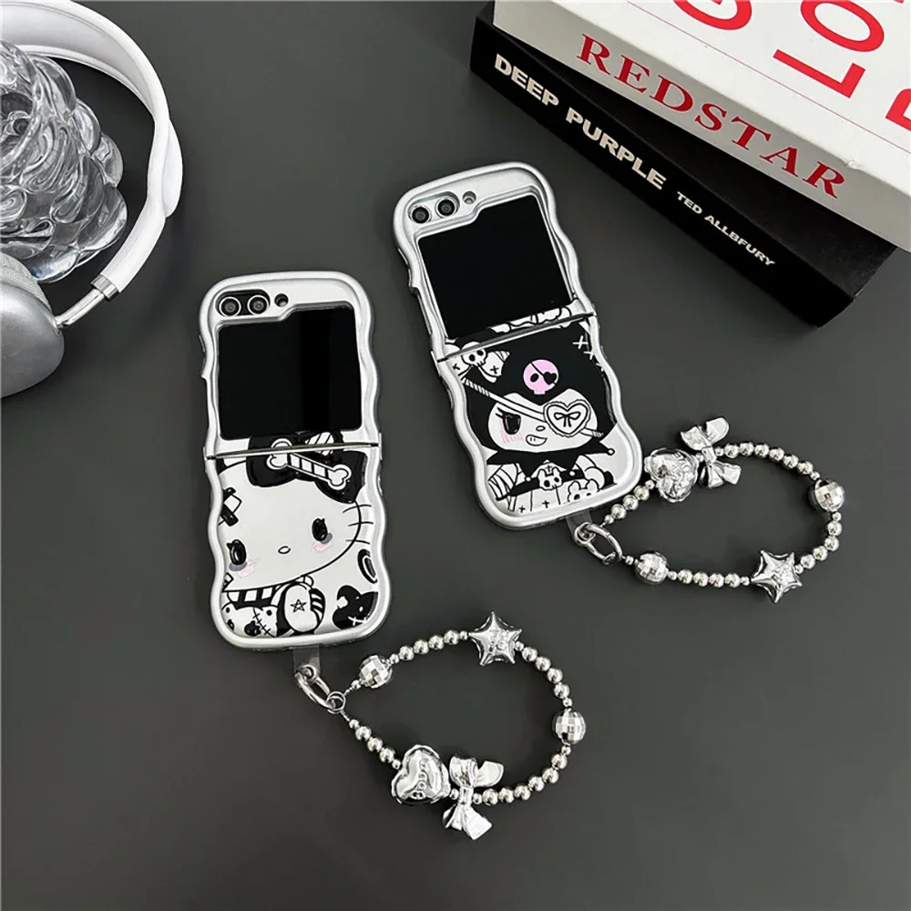 Cute Hello Kitty Kuromi with Bracelet Silver Phone Case for Samsung Galaxy Z Flip 3 4 Z Flip 5 6 5G PC Hard Anti-drop Back Cover