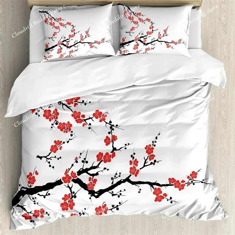 Cherry Blossoms Duvet Cover KingQueen Size,Japanese Sakura Tree Pink Floral Spring Vintage Cultural Bedding Set for Women Girls0