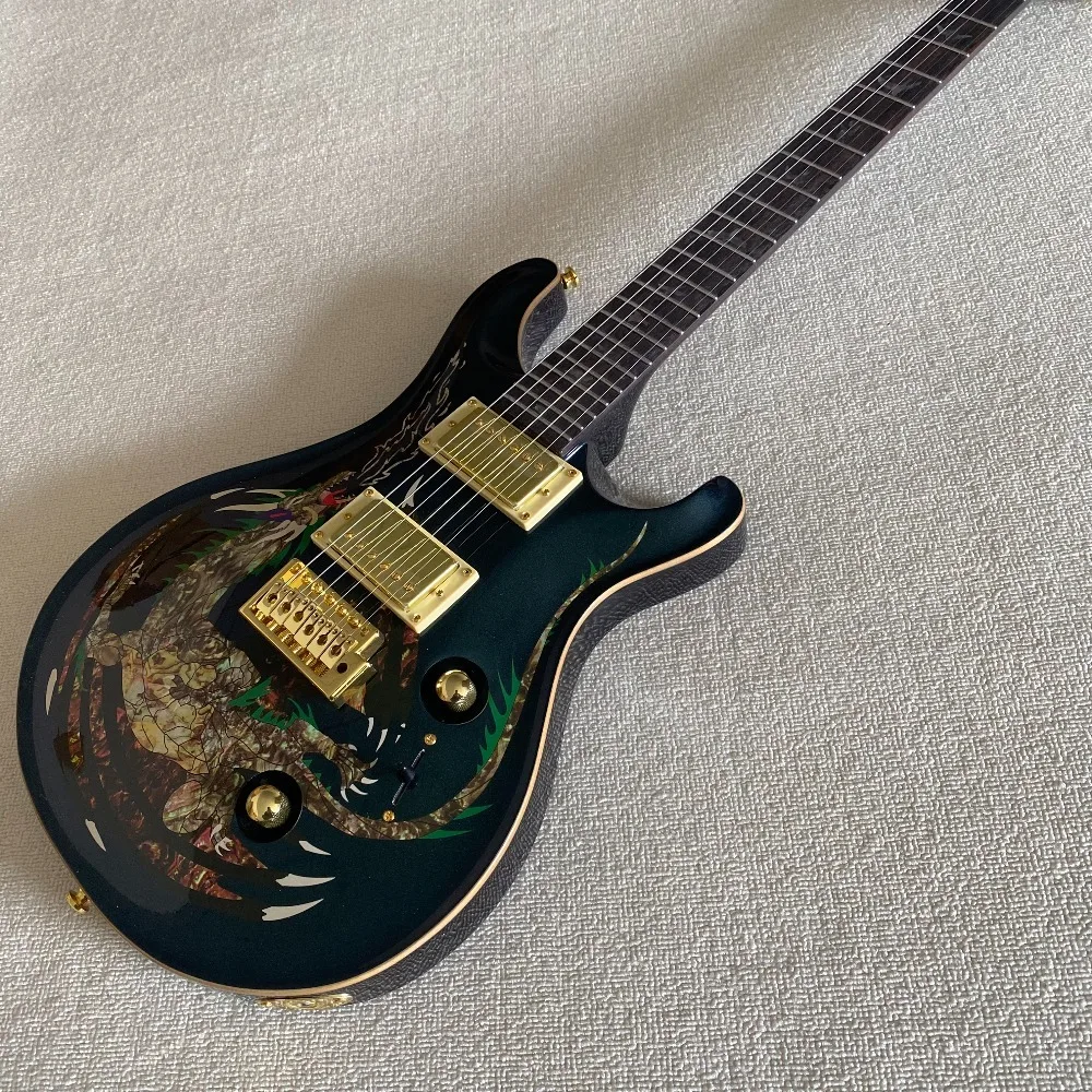 Deep Blue Dragon Inlay 6 String Electric Guitar Solid Mahogany Body Gloss Finish Custom Dragon Shell Artwork Gold Playability for Collectors and Live Music Show