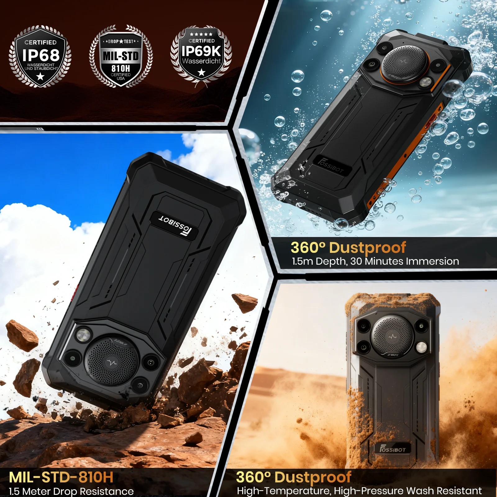 هاتف FOSSIBOT F110 Pro غير مقفول 5G Android 15: مكبر صوت 128 ديسيبل، 20 جيجابايت + 128 جيجابايت (2 تيرابايت توسيع)، 10000 مللي أمبير، 6.7 بوصة عالي الدقة، كاميرا 50 ميجابكسل، IP68/6