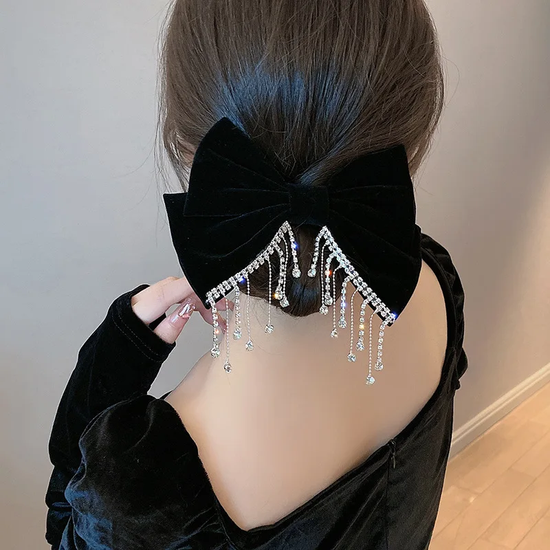 New Big Bow Bling Rhinestone Tassels Hair Clip Satin Hairpins Barrettes Ponytail Clip Elegant Shiny Double Bow Hairpin Heawear