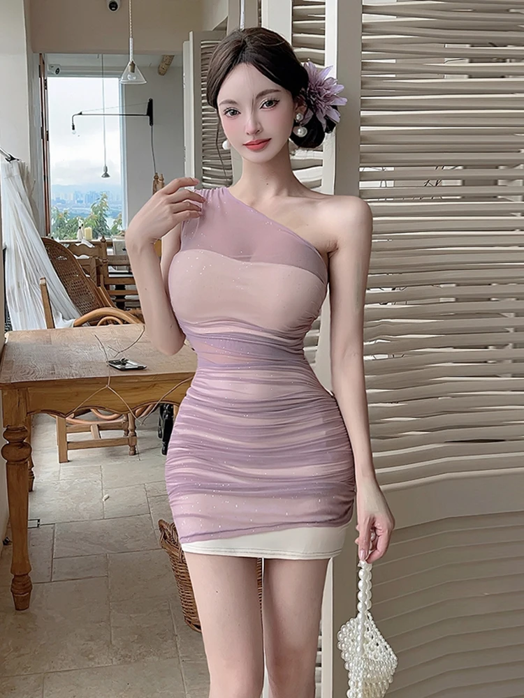 

Sexy Nightclub Pure Desire Me See-tough Pleated oulder Strapl Bodycon Skirt Dr ort H-Line Pure Color Gown