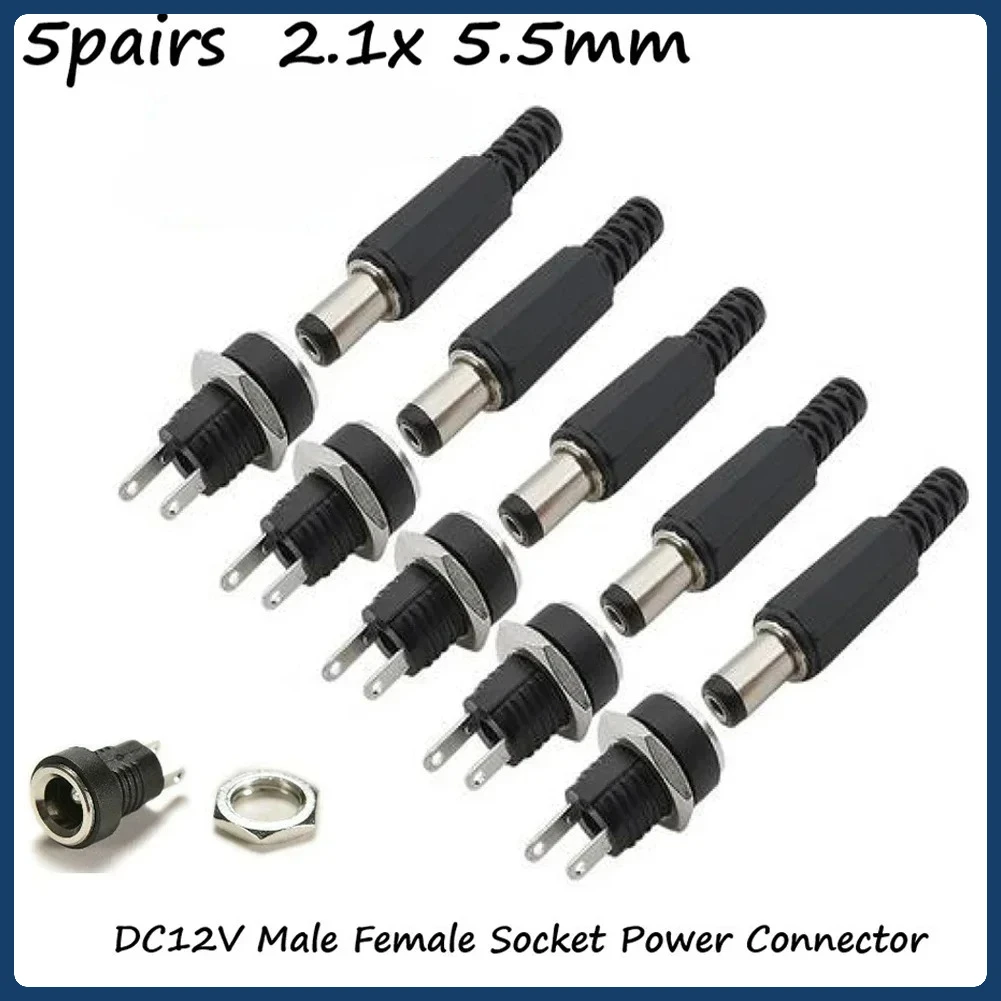 5 Pairs DC 12V Power Connectors Male Jack Plug Female Socket Panel Mount Power Connector Terminals Blocks Electrical Supplies