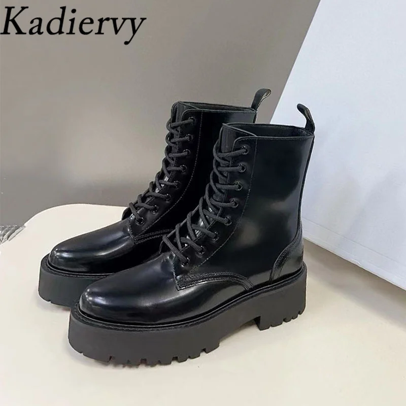 

Thick Sole Motorcycle Boots Women Genuine Leather Black Brown Flat Platform Shoes Women Round Toe Short Boots Woman Botas