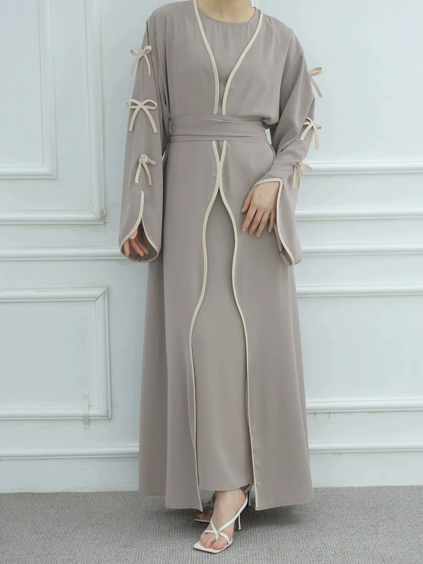 فستان عربي طويل للسيدات مع عقدة على شكل فيونكة، فستان خارجي ناعم ومريح بلون سادة مع حزام