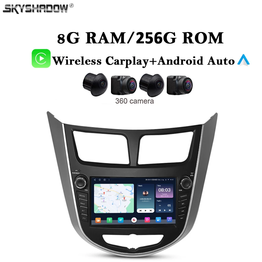 Carplay Auto Android 14.0 8G+256G Car multimedia DVD Player GPS WIFI Bluetooth Radio For Hyundai Verna Accent Solaris 2012-2015