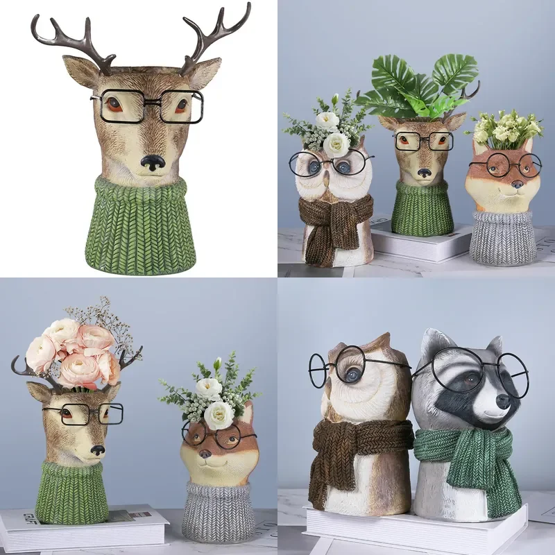 Resin Owl Fox Planter Creative Small Flower Pot Home Decor Balcony Living Room Green Plant Ornament Desktop Decoration