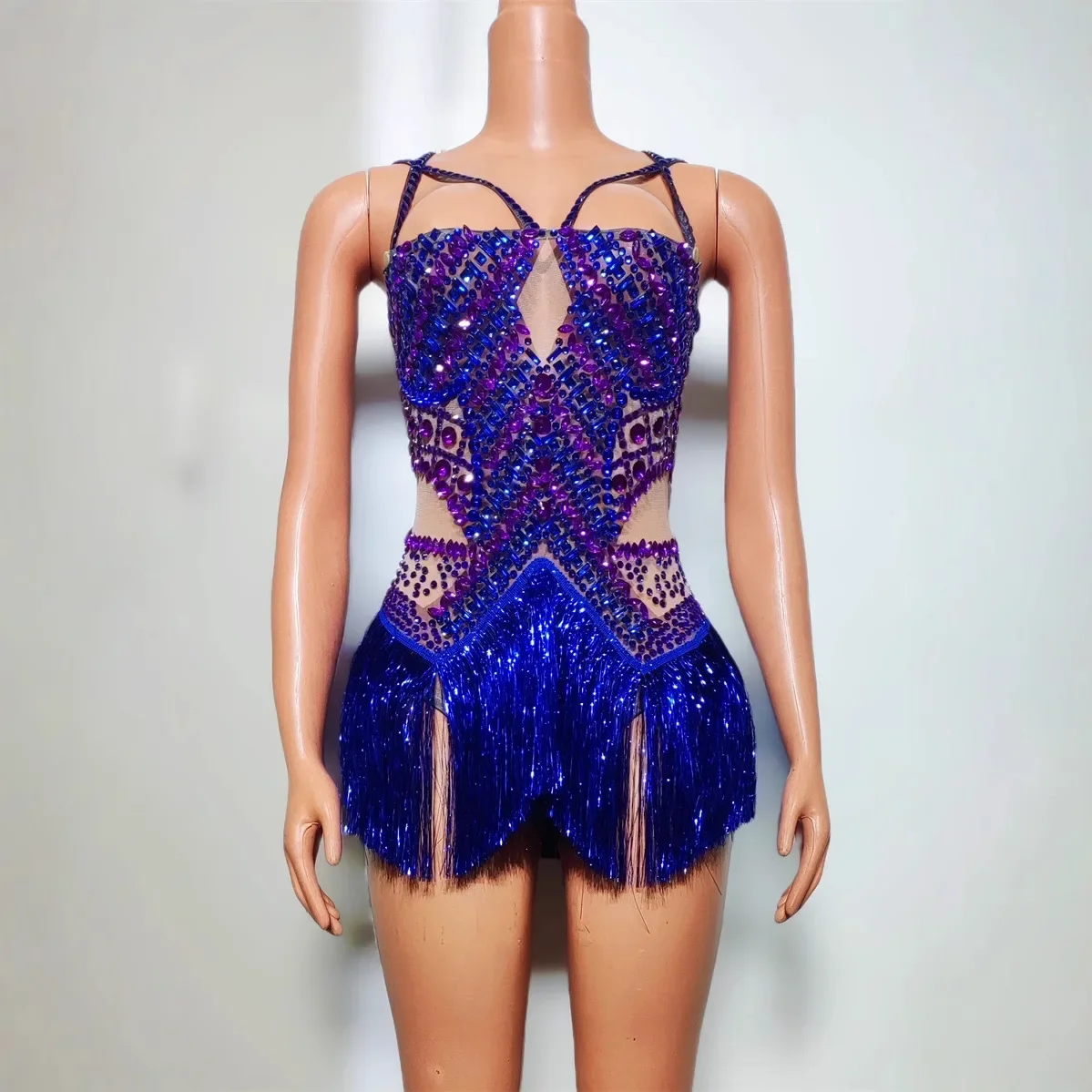 

Fashion Celebrity Outfit Blue Rhinestones Fringed Bodysuit DJ Women Bar Nightclub Performance Luxury Dancer Singer Stage Costume