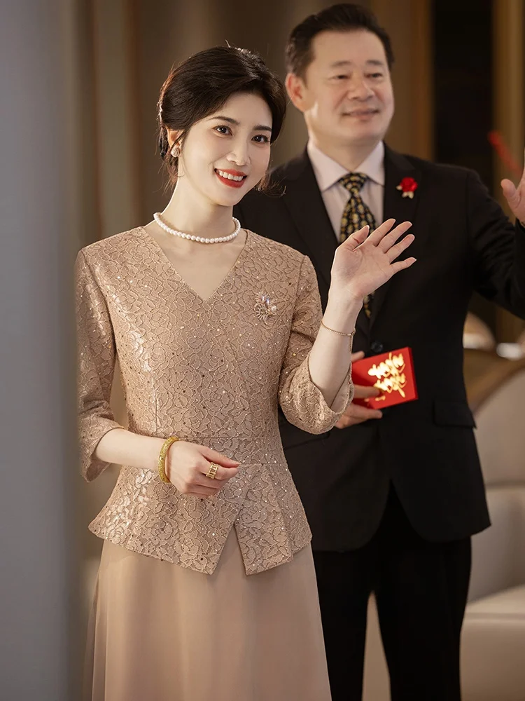 

Ele Young Wedding Dr Mommy of the Bride Gown Chinese Sle Embroidered Qipao Mid-Length Suit for Wedding Banquet