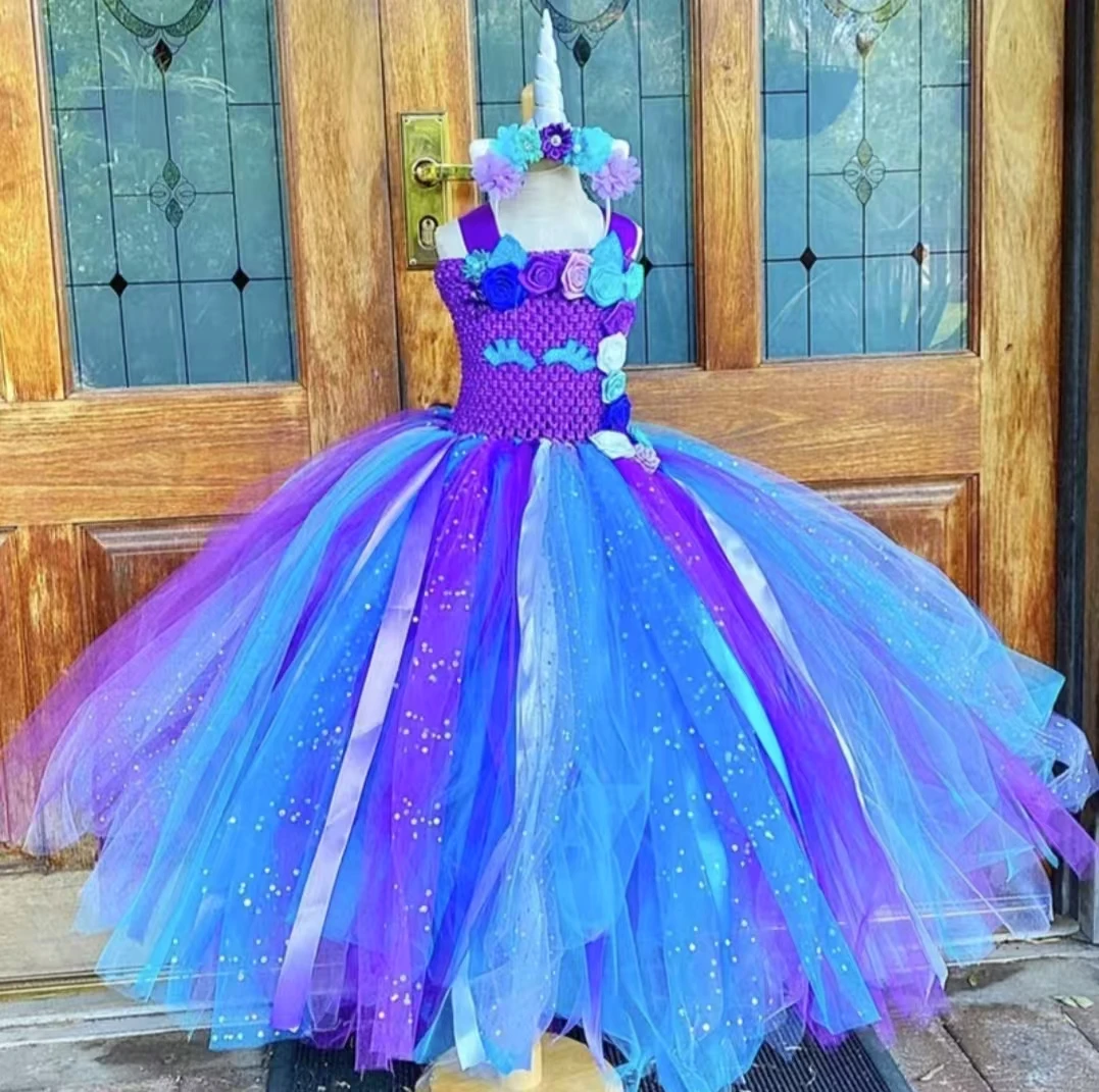 

Платье-пачка с павлиньими перьями и цветами для девочек, детское вязанное крючком тюлевое платье, бальное платье с бантом для волос, детский костюм для дня рождения, платья