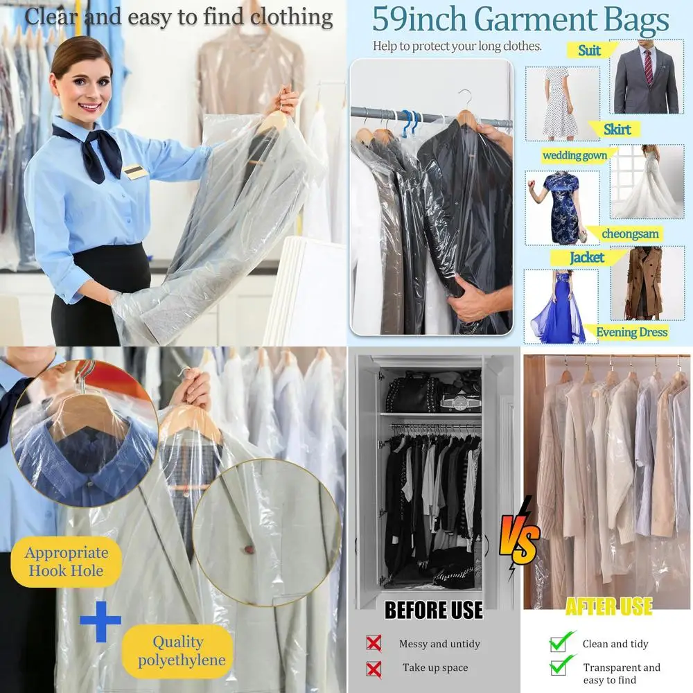 

100 Pack Clear Plastic Garment Bags for Hanging Clothes, 59 Dust-Proof Covers for Closet, Travel, and Dry Cleaning