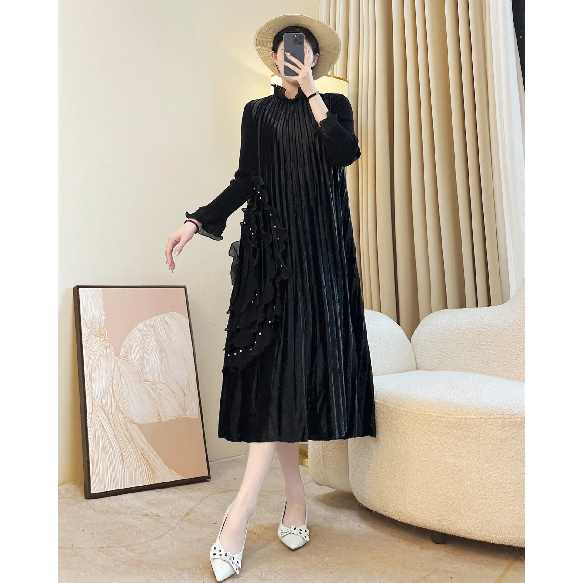 

Miyake Pleated Dress Women's 2025 New Gold Velvet 3d Custom Beaded Wood Ear Edge Collar Long-sleeved Loose Elegant Pleated Skirt