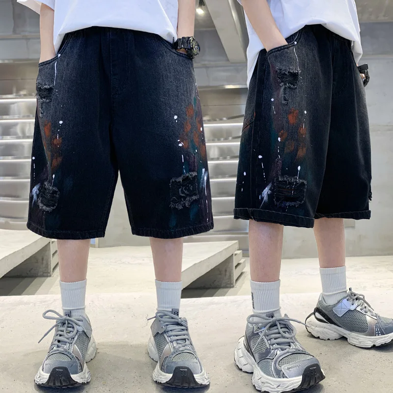

Kids Summer Harajuku Streetwear Ripped Denim Shorts with Drawings for Boy New Casual Black Jeans Capris Pants Child Age 5-14 Y