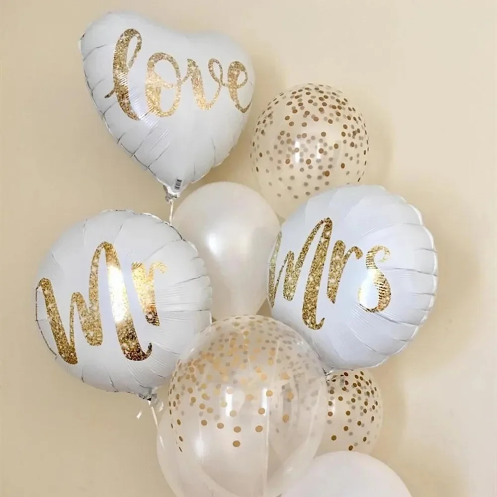 1Set 18inch Round White Gold Glitter Print Mr&Mrs LOVE foil Balloons Bride to be Marriage Wedding Valentine's Day Air Globos