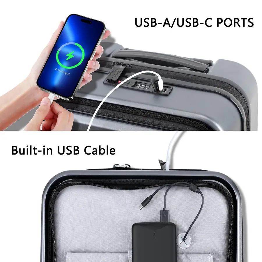 フロントポケットとUSBポート付き、PC対応ハードサイド20インチスーツケース、スピナーホイールと内蔵TSAロック付き、耐久性のある軽量