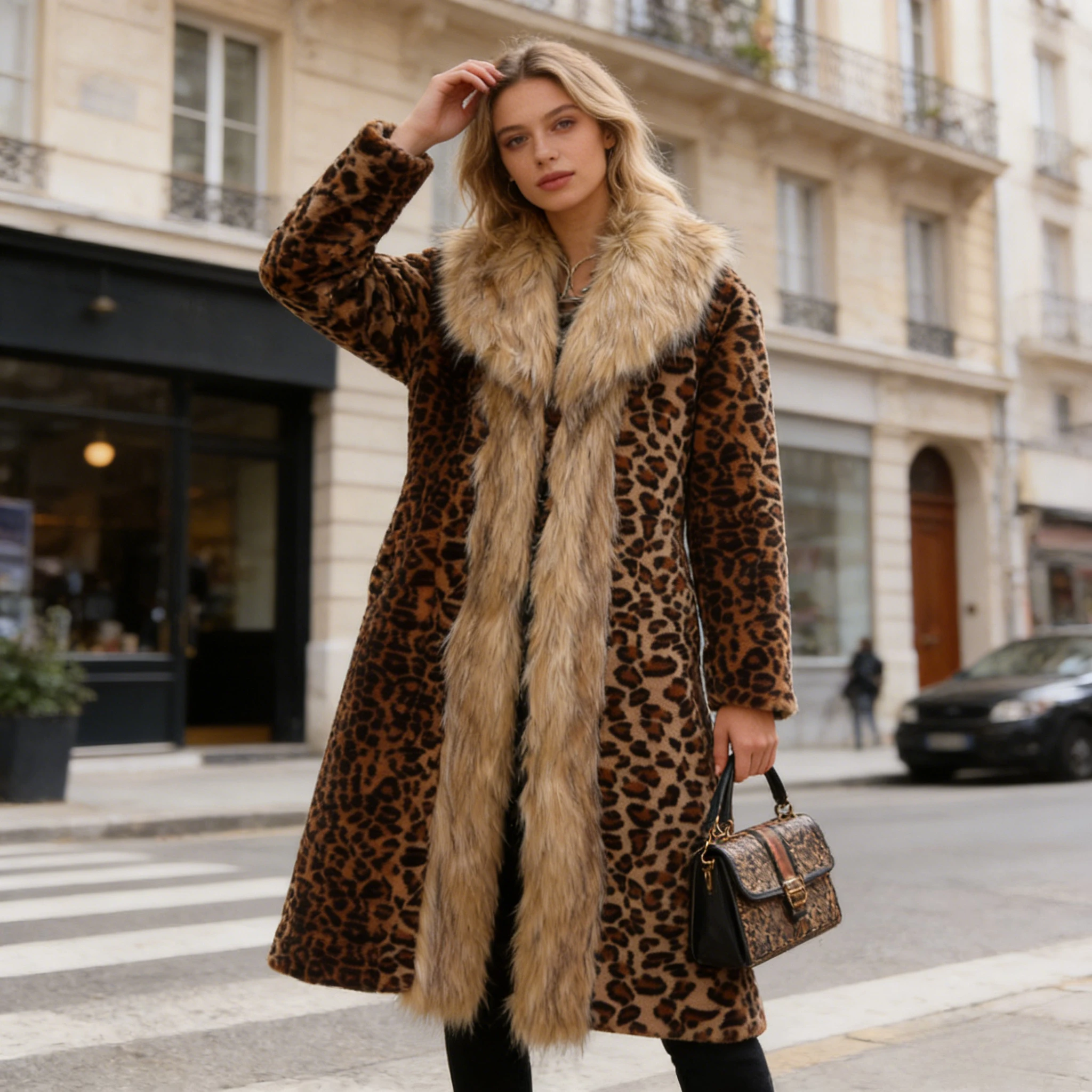 Maxi Long Faux Fur Coat Women Autumn Winter Leopard Large Jacket Overcoat Turn Down Collar Thick Coat Warm Jackets Y2k Coats