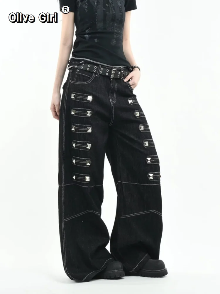 Olivegirl 2026 Women's Jeans Trousers Women Straight Trousers Gothic Y2K American Patchwork Rivet Design Black Loose Streetwear
