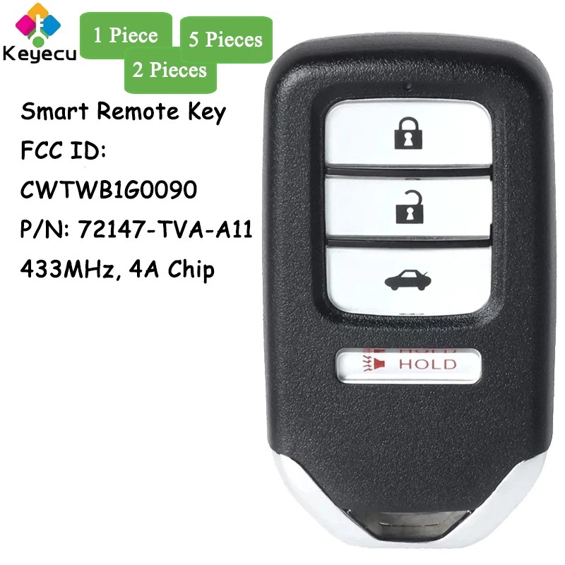 

KEYECU Smart Remote Control Key With 4 Buttons 433MHz 4A Chip for Honda Accord 2018 2019 2020 2021 Fob CWTWB1G0090 72147-TVA-A11