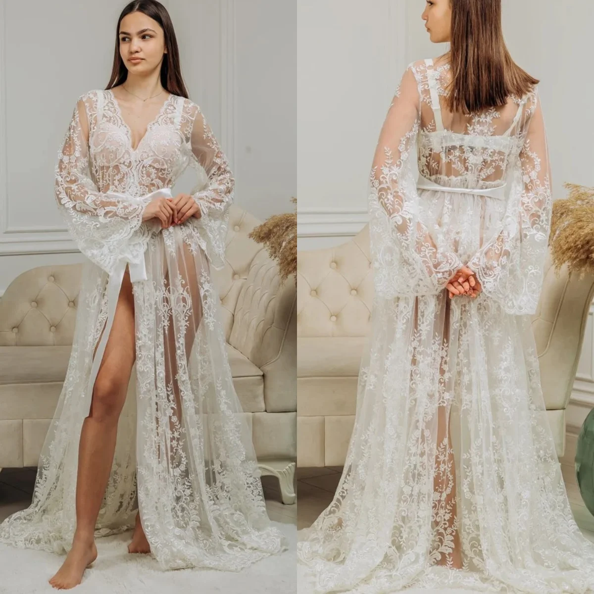 See Through Lace Bride Robe And Nightgown Bridal Gowns Photo shoot Maternity Dressing Gown for Photography