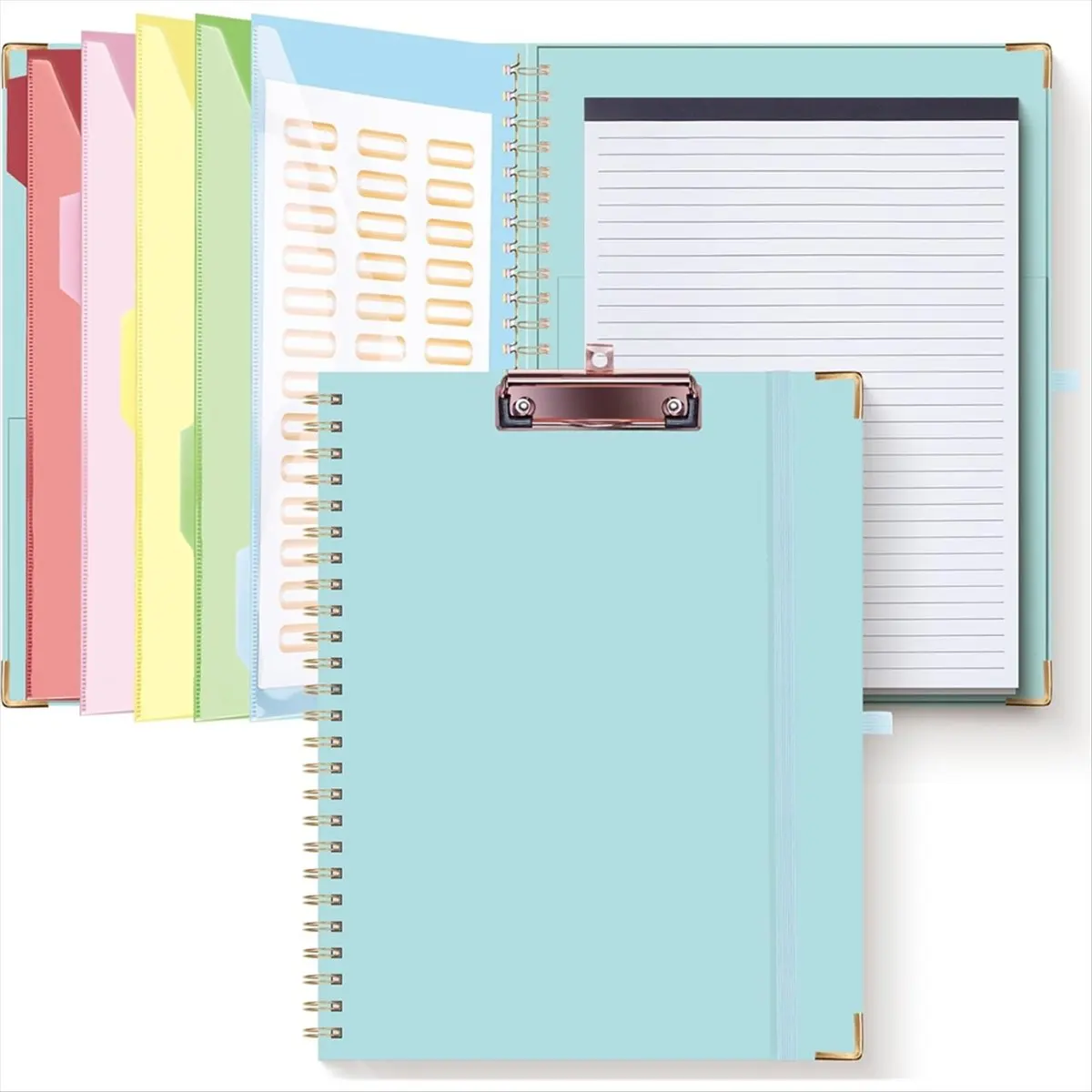 Blue Foldable Spiral Clipboard with Storage Zipper Pouch,5 Plastic Folders with 10 Pockets, Refillable Lined Notepad