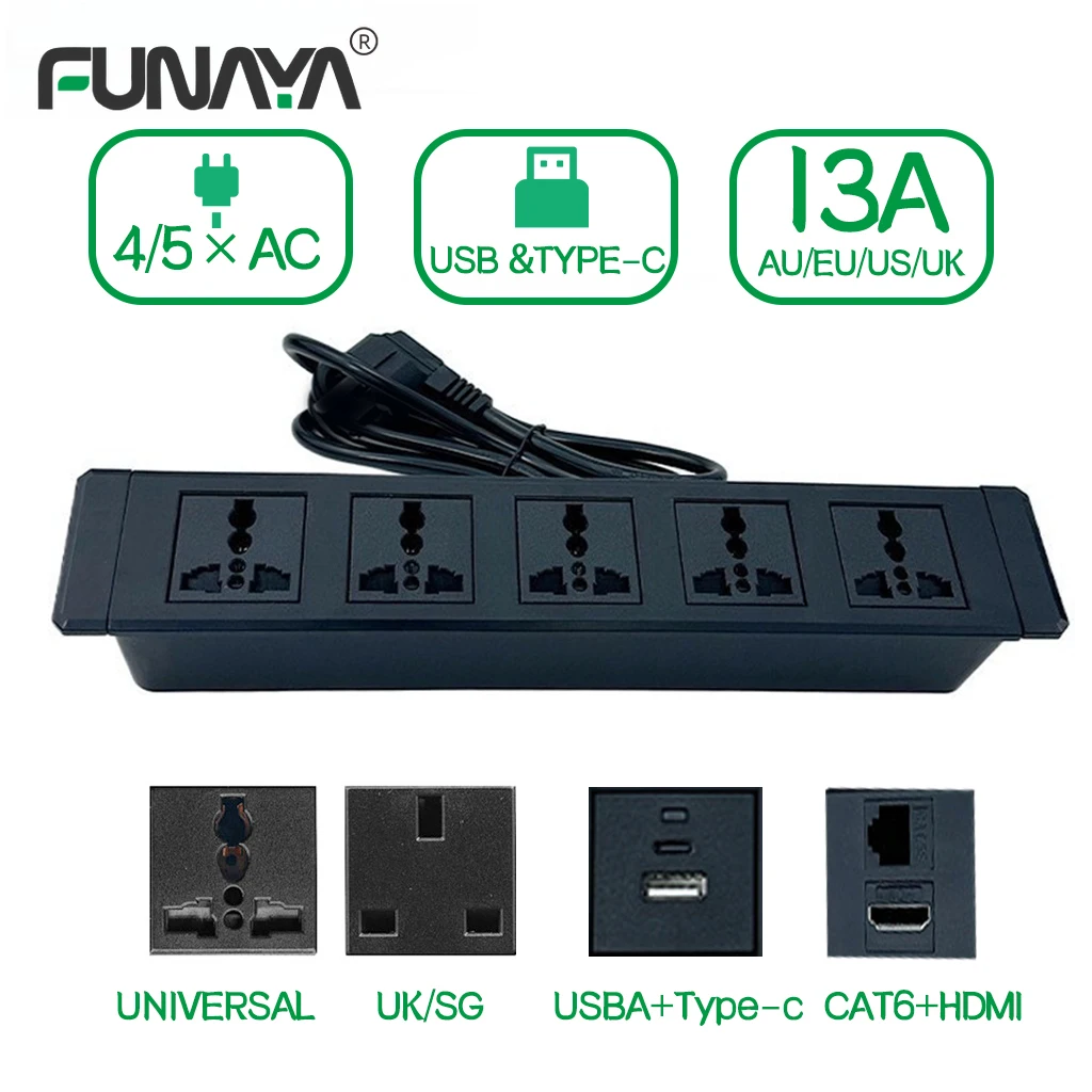 Built-in Desktop Recessed Electrical Socket Universal Outlet UK EU AU US Multi-plug with USB Type-c Hidden Sockets for Furniture