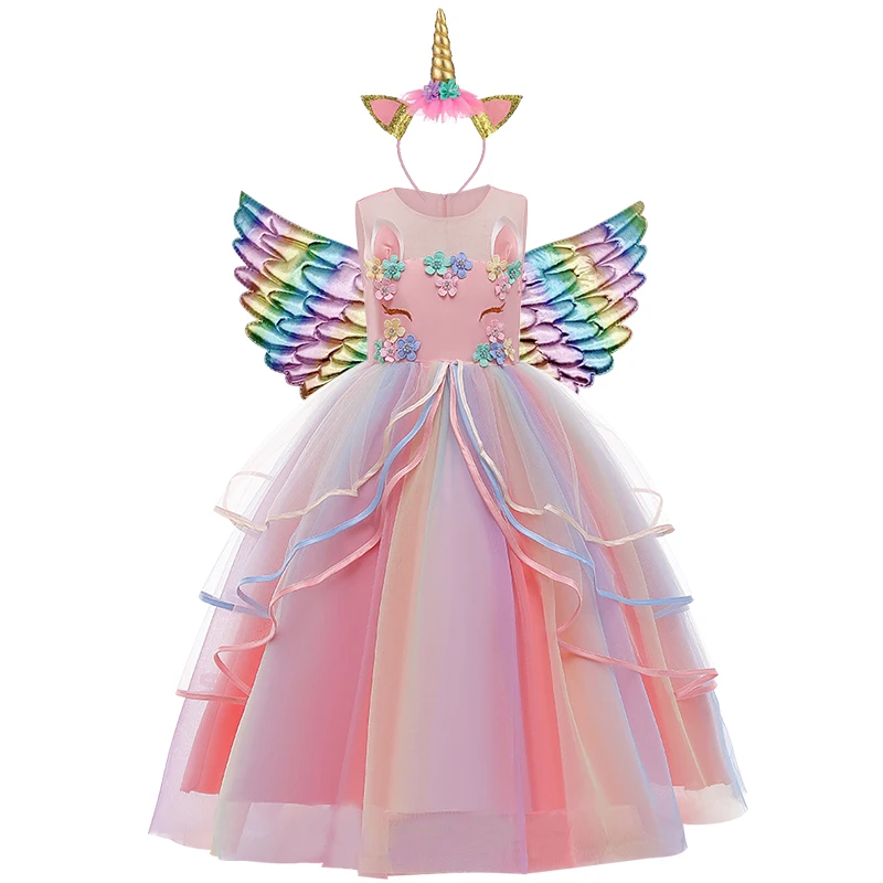 Unicorn Long Dress For Girls Unicorn Cosplay Costume Pageant Princess Party Birthday Long Gown with Unicorn Headband Wings