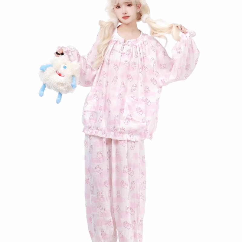 New Women's Loungewear Animal Print Skin-friendly Double-layer Yarn Pure Cotton Top Comfortable Age-reducing Pajamas Suit Girl