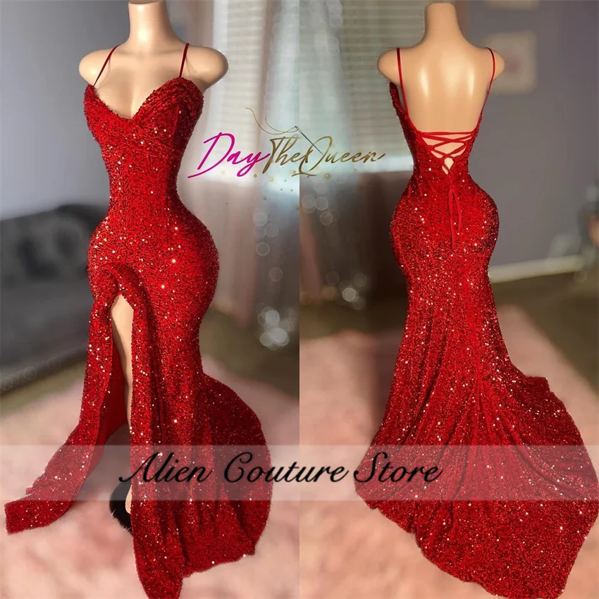 Luxury Red Sequins Long Prom Dresses Beading Crystal 2024 Elegant Party Dress Vestidos Birthday Dress Split Lace-up