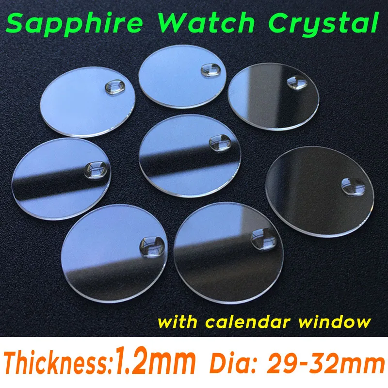 Date Window Sapphire Watch Glass Round Flat Sapphire Timepiece Crystal with Bubble Magnifier 1.2mm Thick 29mm-32mm Diameter