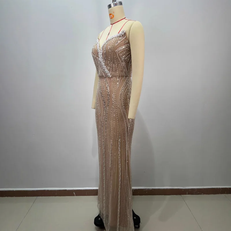 New Arrival Women's Apricot Heavy Beaded High Waist Slim Fit Bodycon Sequin Middle Eastern Evening Dress