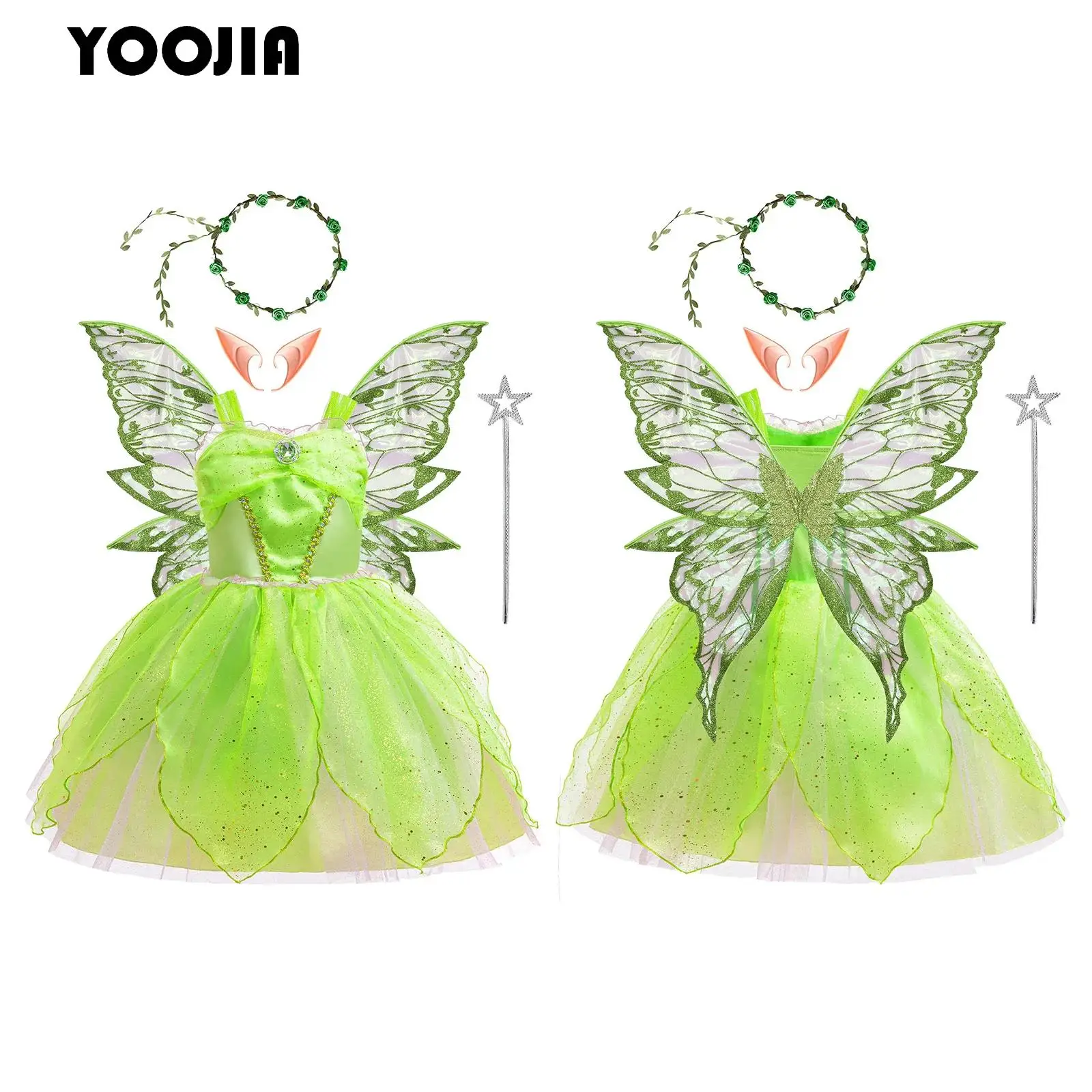 Child Girls Flower Fairy Dress Up Kids Sequins Ruched Tulle Tutu Dress with Butterfly Wings Halloween Green Princess Costume Set