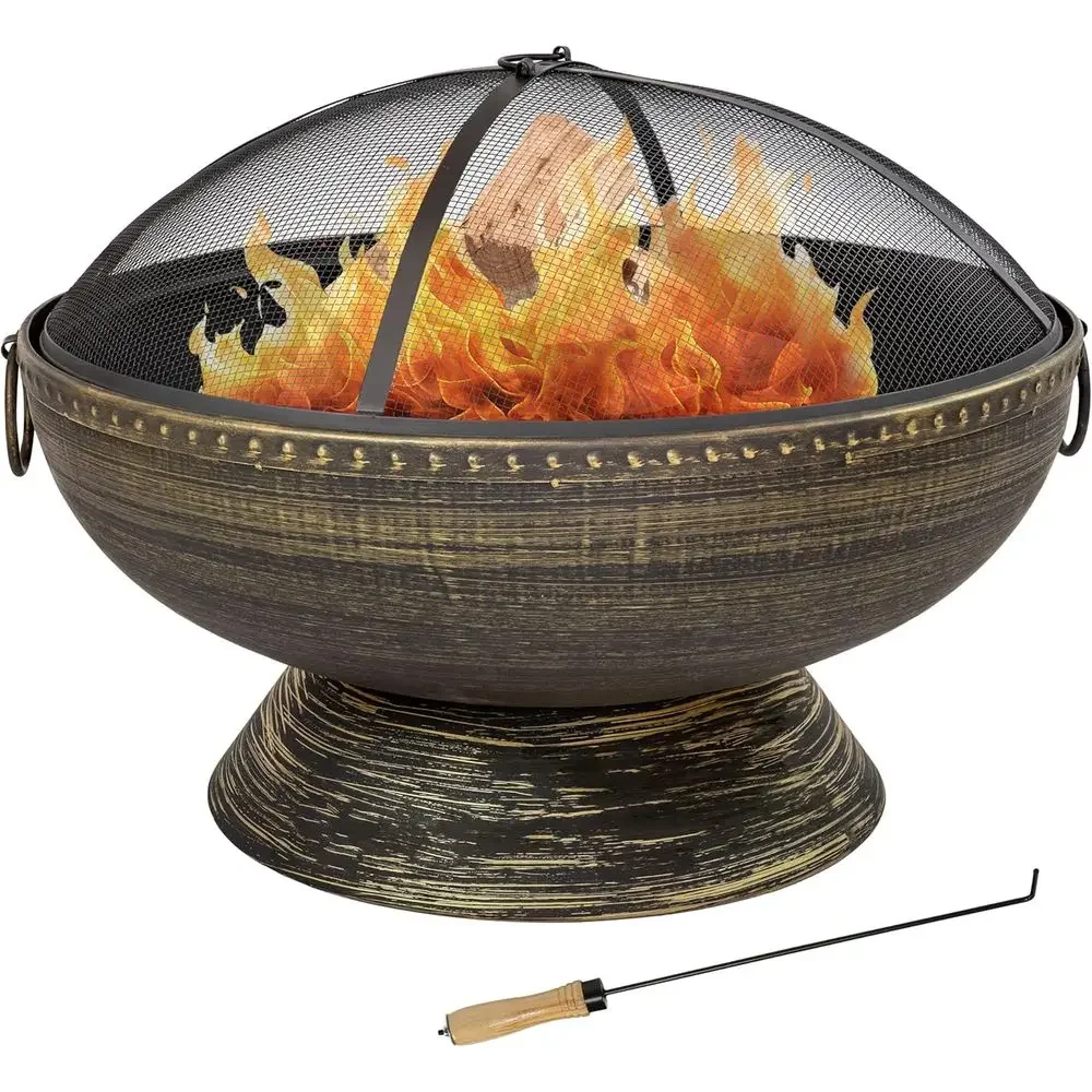30-Inch Black Outdoor Wood-Burning Fire Pit with Poker - Large Cauldron Style