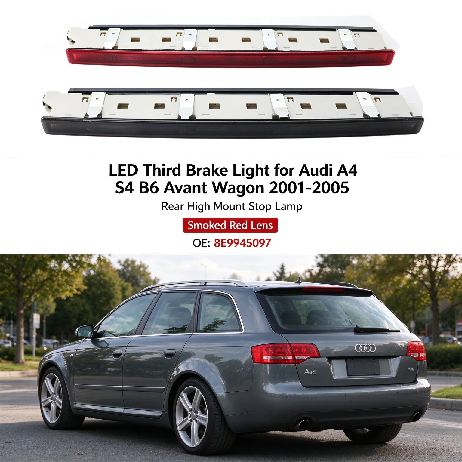アウディa4-s4-b6-アバントワゴン-2001-2005年式用-ledサードブレーキライト、リア高位置設置、スモークレッドレンズ、8e9945097