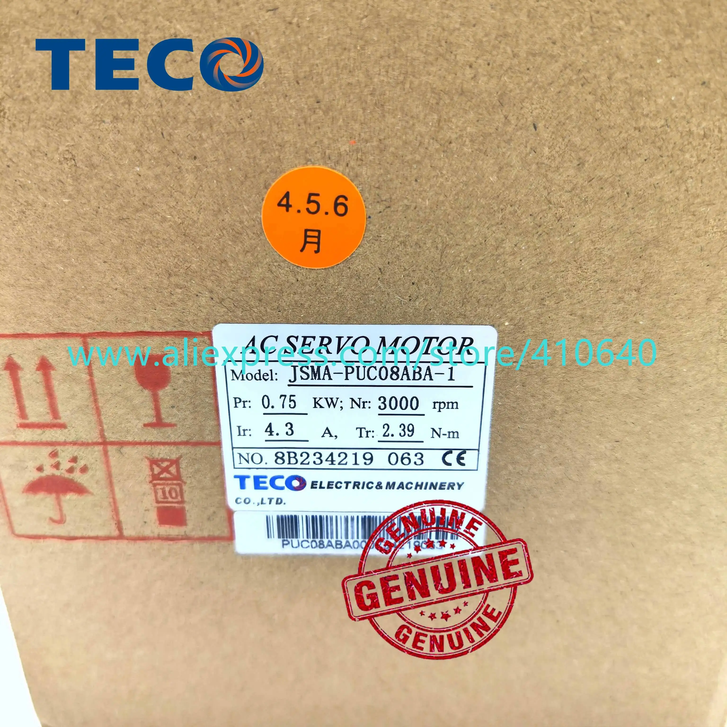 TECO 750w AC 220V Servo Motor JSMA-PUC08ABA 3000 rpm with 2500 ppr Encoder 2.39 N.m Torque 4.3A Work With JSDEP-20A Servo Drive