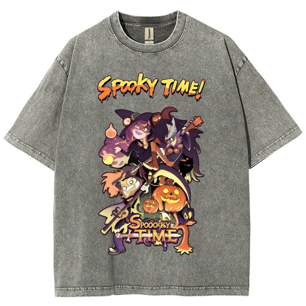 Spooky Time Halloween Cartoon Graphic T Shirt Unisex Pumpkin Witch Anime Print Short  Vintage Washed Casual Tees Great Gift