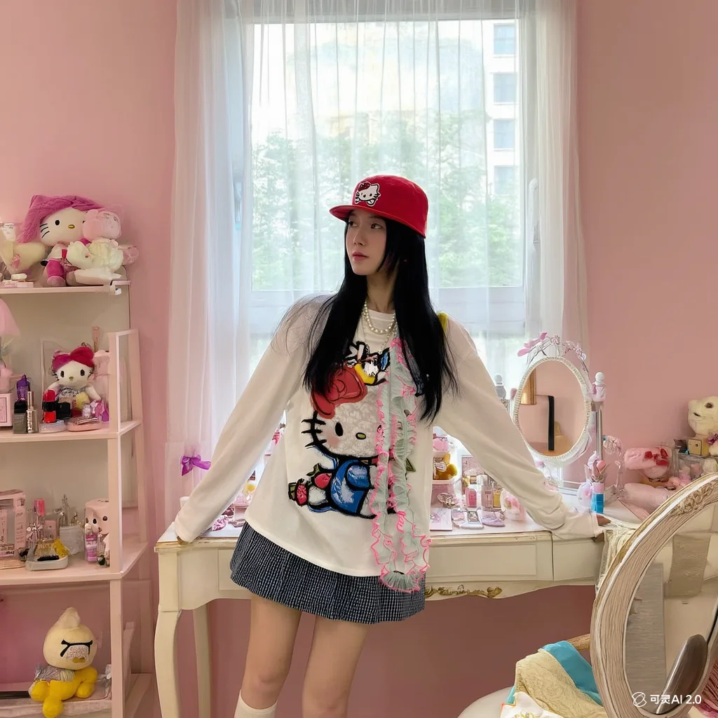 Kawaii Koreanische Version Lose Frühling Herbst Look Dünner Hallo Kittys Lose Druck Lange Ärmel T-Shirt Frische Süße Nette Mädchen