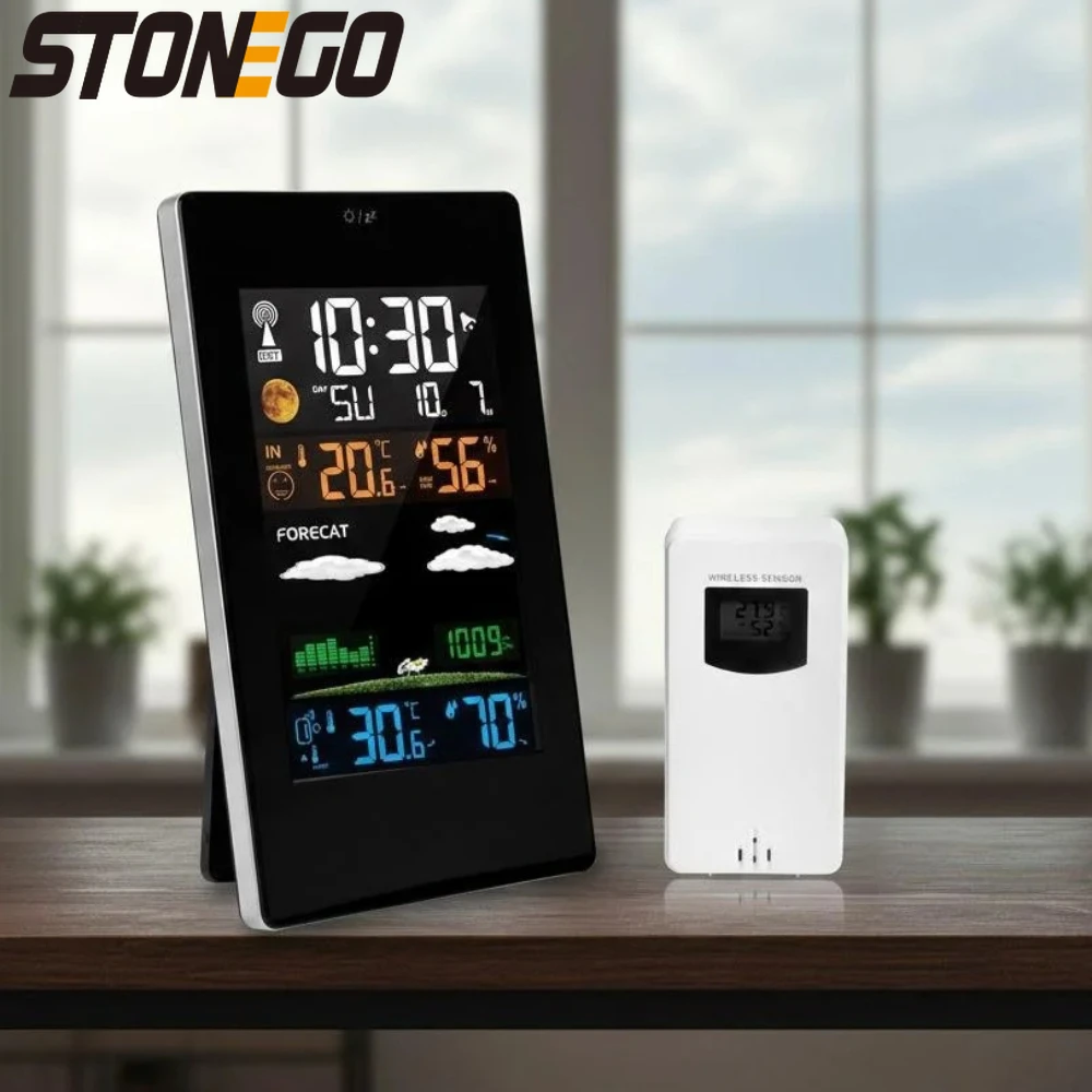 Drahtlose Wetterstation, Innen- und Außenthermometer, Luftfeuchtigkeitsmonitor, Farb-LCD-Display, digitales Thermometer für den Hausgarten