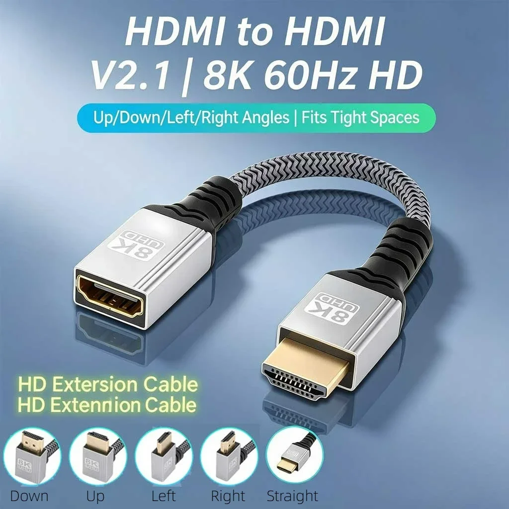 HDMI 2.1V Extension Cable 8K 60Hz 4K 120Hz Male to Female HDMI Extender Cord Right Angle for TV Projector Monitor Wall Mount
