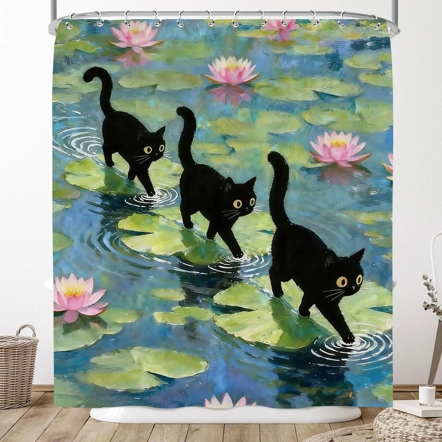 Funny Cute Cat Shower Curtain Lotus Green Floral Fun Cool Catwalk Black Cats Shower Curtains Set for Bathroom Lake Water Lilies