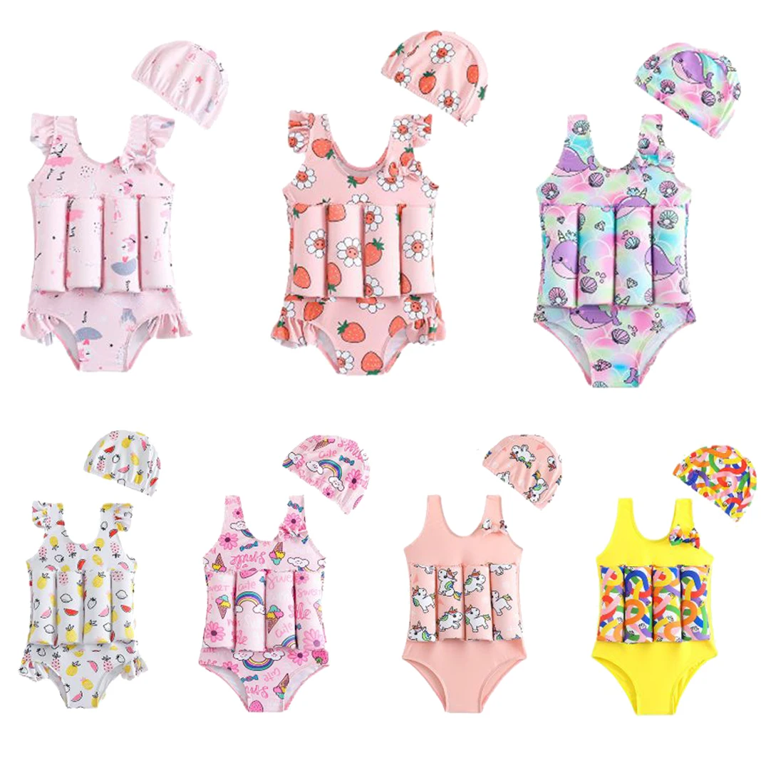 

Children Buoyancy Swimsuit Kids Girls Ruffles Sleeveless Swimming One Piece with Cap Baby Floating Swimming Wear