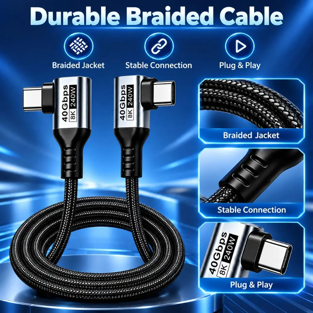 40Gbps USB4 Cable 8K@60Hz Dual 90 Degree USB-C Data Cord E-Marker Chip 240W PD3.1 Type-C Charging Cable File Transfer