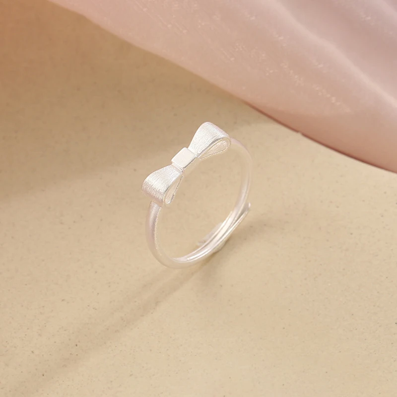 Real 925 Sterling Silver Frosted Bowknot Adjustable Ring For Women Cute Fine Jewelry Niche Design  Accessories