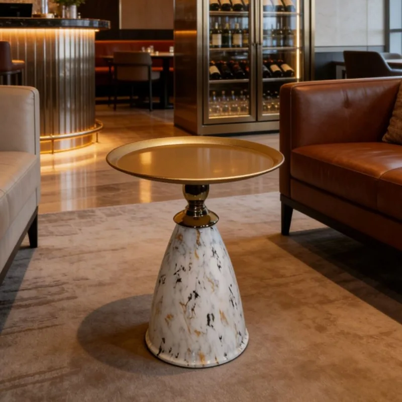 For light luxury platinum ink pattern tapered base edge table gold metal tray column coffee table