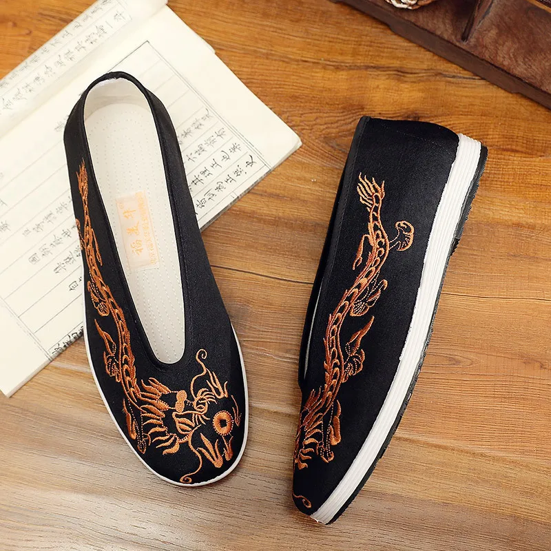 Vintage Chinese Kung Fu Shoes Old Beijing Breathable Embroidery Retro Mens Casual Shoes Yellow Black Dragon Chinese Flats