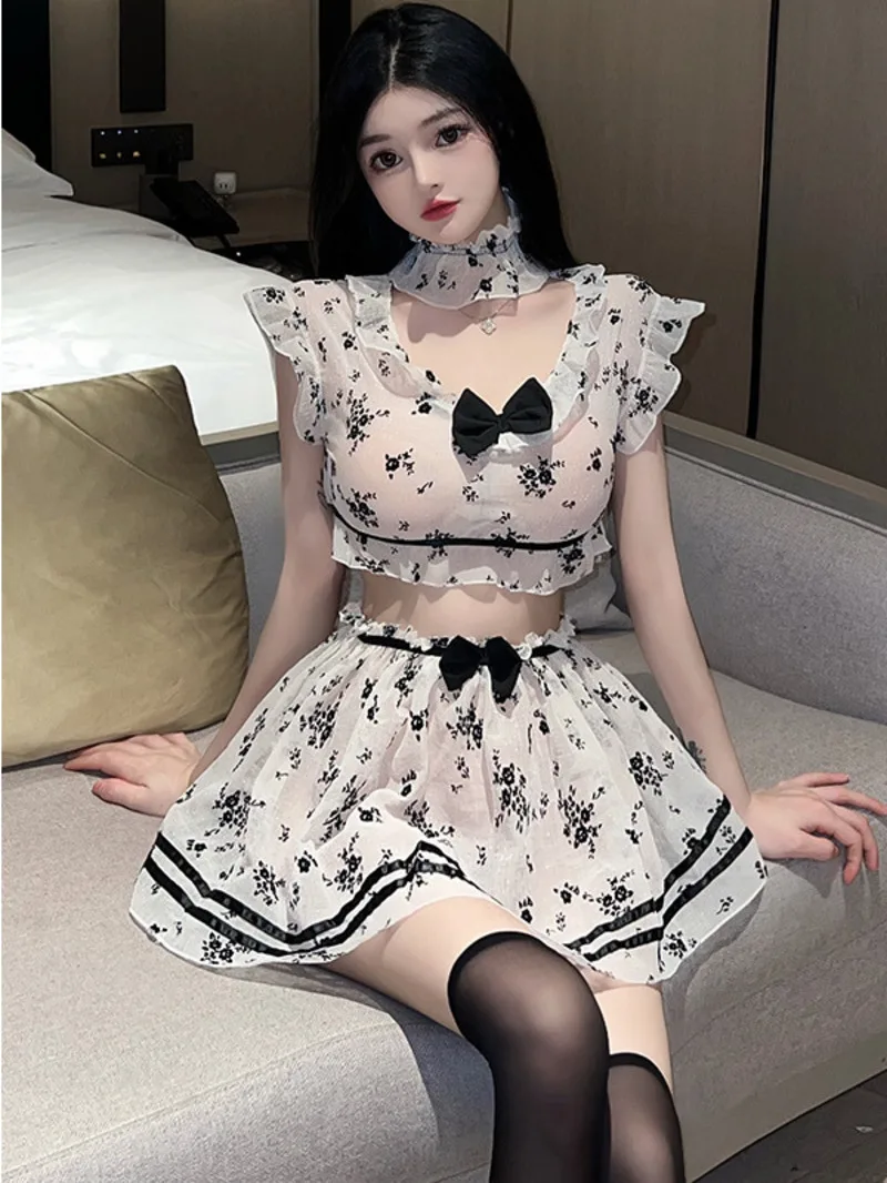 Female Pure Desire Servant Dress Uniform Seduction Sleeping Clothes Hot Dress Elegant Dot Mesh Lace Sheer Transparent Sexy E1CY