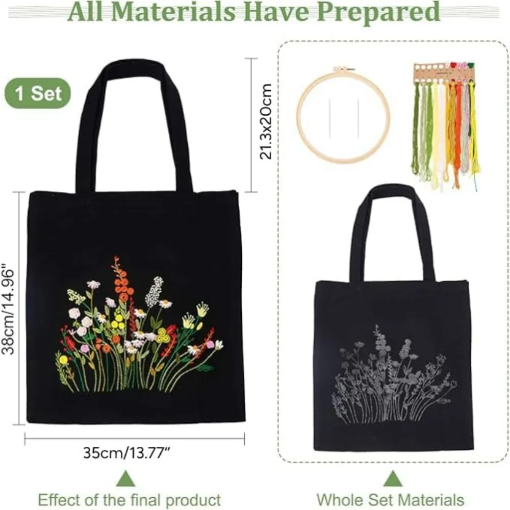 DIY Canvas Tote Bag Embroidery Kit Black Canvas Bag Flower Cross Stitch Kit with Pattern and Instruction Personalized making kit