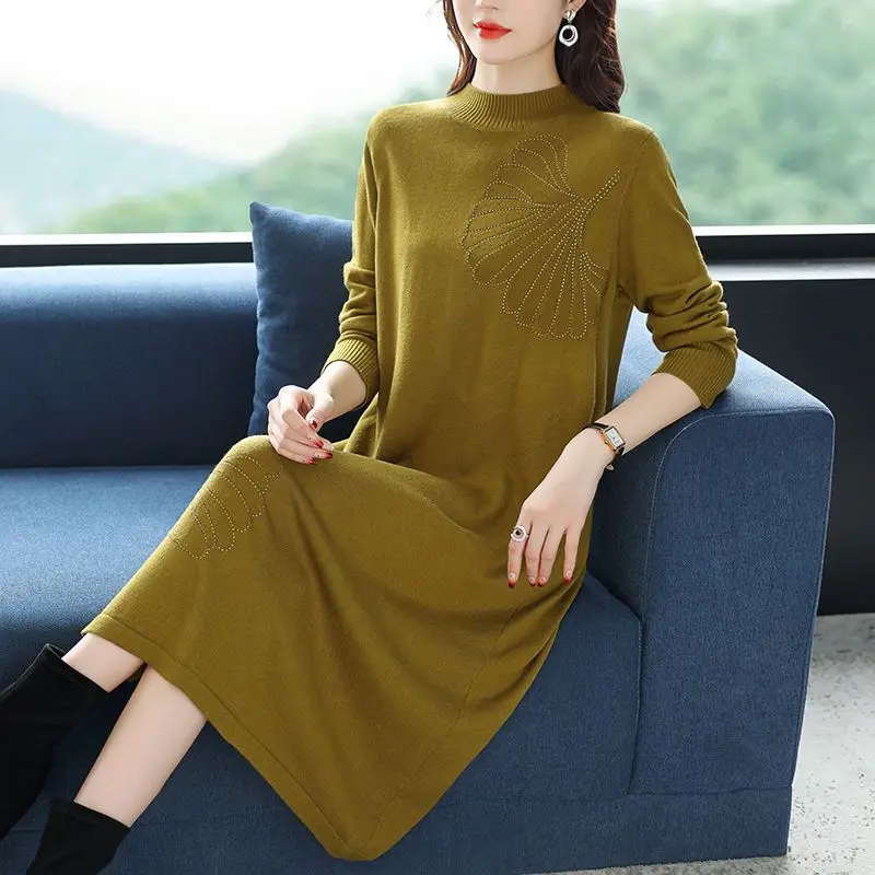 Oversize Women Clothes Knitting Dress For Autumn Winter 2023 New Fashion Half High Collar Embroidery Flower Female Long Sweater