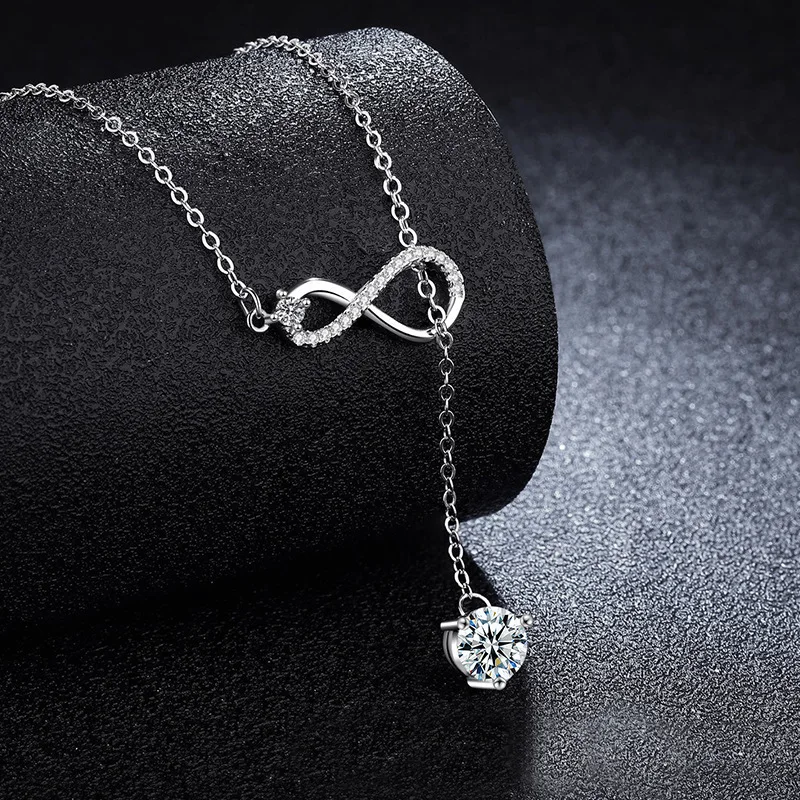 S925 Silver White Gold Plated 1CT D Color Infinity Symbol with Tassel Moissanite Pendant Necklace for Women
