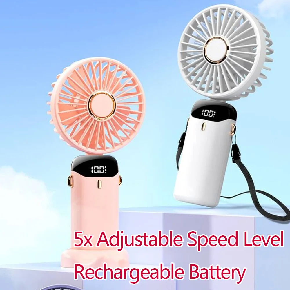 

Handheld Mini Fan 10000mAh Foldable Portable Desk Outdoor Neck Hanging 5 Speed USB Rechargeable Fan Phone Stand Display